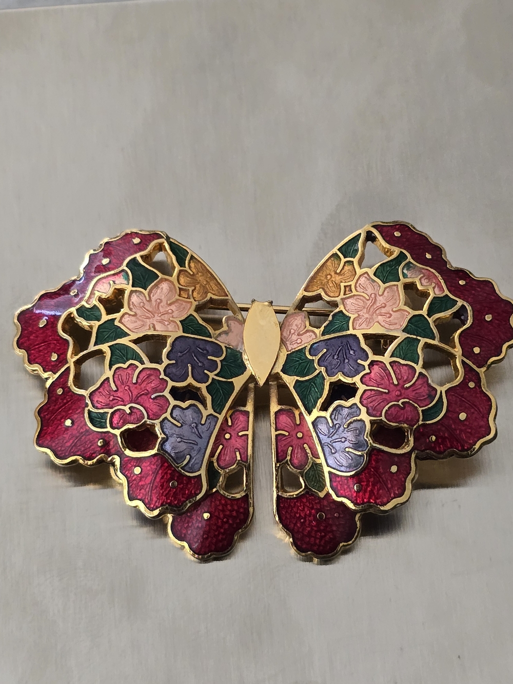 Vintage Behave Cloisonne Enamel Bow Brooch Abstract Floral Ribbon Pin 90s